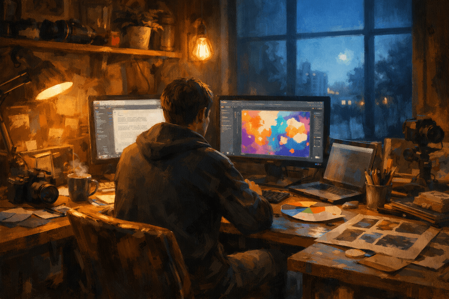 A person sits at a desk in a dimly lit room, working on dual computer screens with a colorful design, surrounded by art supplies and photography equipment.