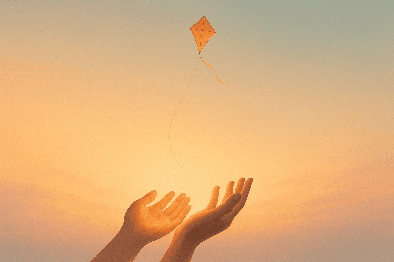 Two hands reach upward towards a soaring orange kite against a pastel sunset sky.
