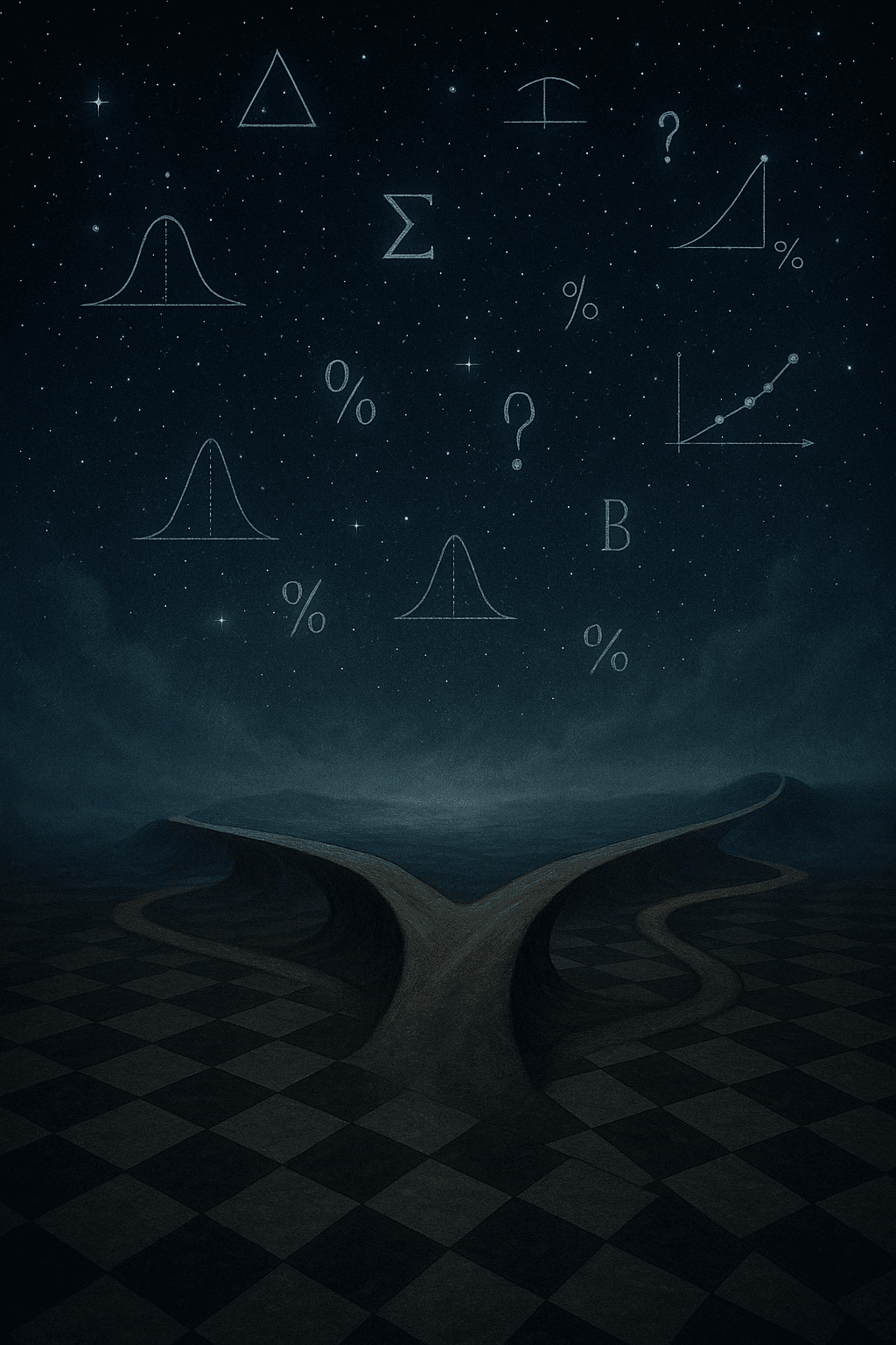 A surreal landscape features a winding path through a checkerboard terrain under a starry sky, adorned with various mathematical symbols and graphs.