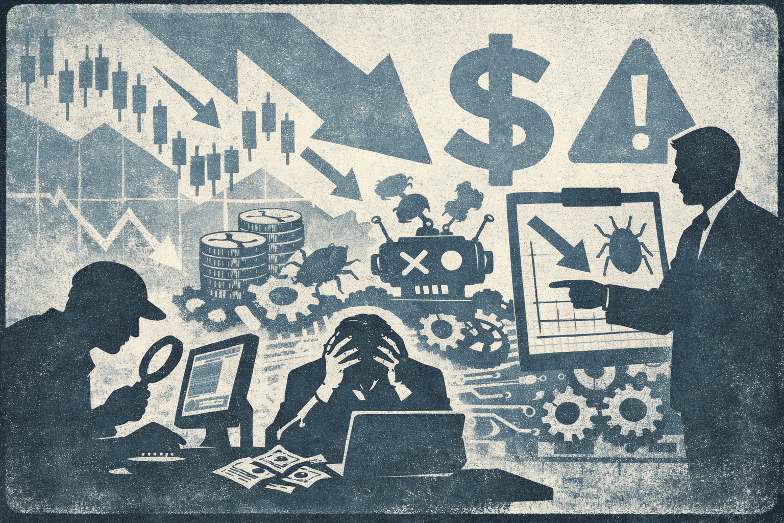 Silhouettes of two figures, one examining data with a magnifying glass and the other pointing at a chart, surround a stressed individual at a computer, with graphical elements depicting financial decline and errors.