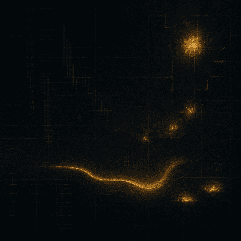 A dark abstract background featuring glowing golden patterns and graphs, suggesting themes of finance and data analysis.