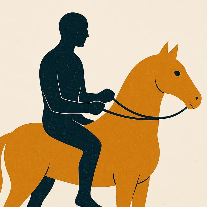A minimalist illustration depicting a silhouetted figure riding an orange horse against a beige background.