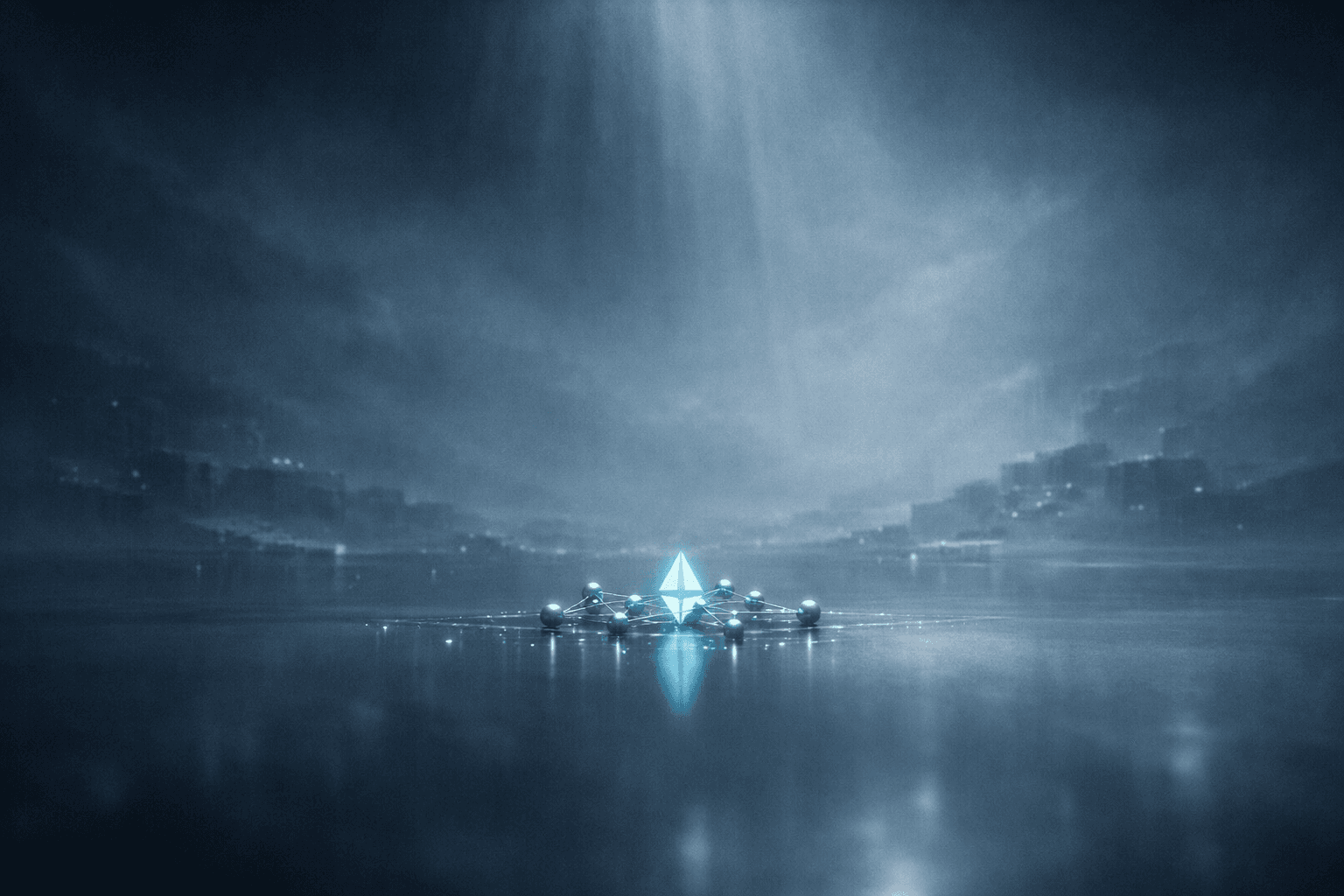 A glowing blue pyramid surrounded by small, illuminated objects on a misty, reflective surface with a dark, atmospheric background.