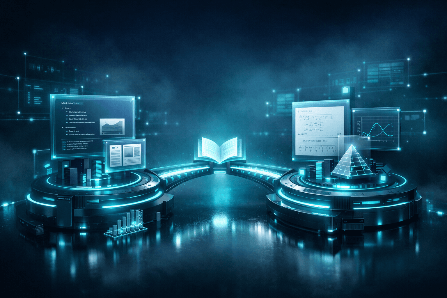 A futuristic digital landscape featuring an open book surrounded by data displays, charts, and holographic graphics.