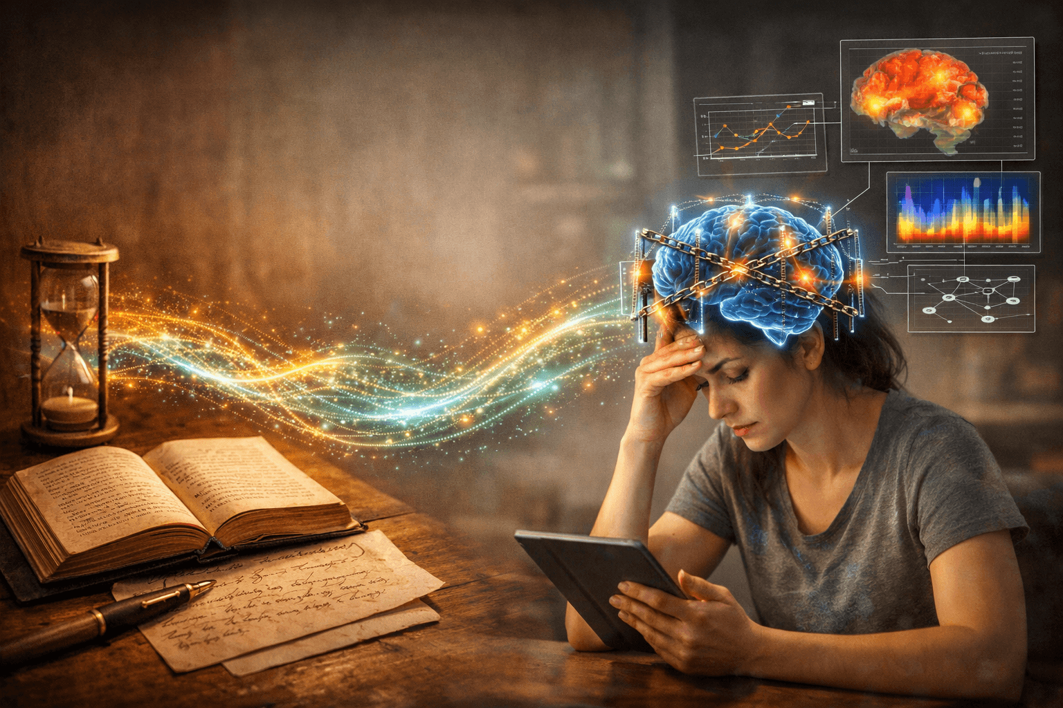 A woman sitting at a table with a tablet looks stressed, while a glowing brain with data graphs and waves emanates above her head in a surreal, digital art style.