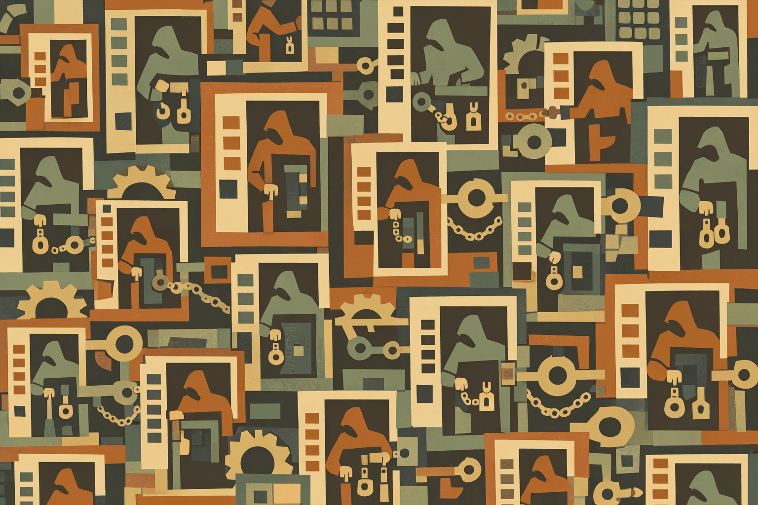 A colorful, abstract pattern featuring a collage of framed figures, locks, gears, and chains in earthy tones.