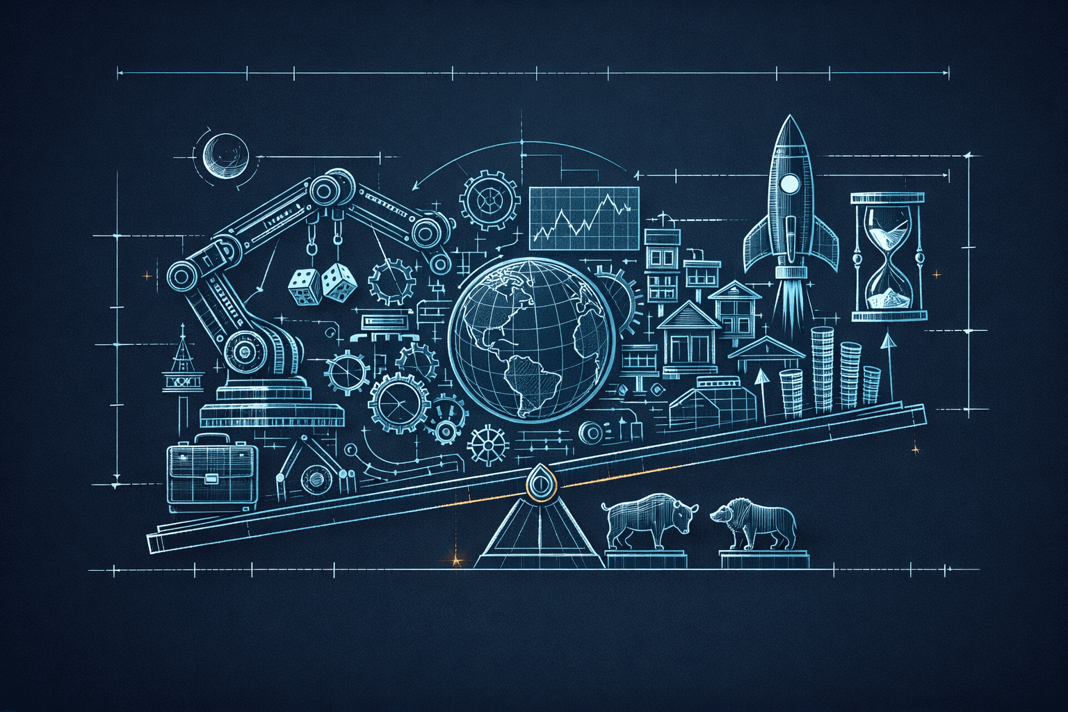 A blueprint-style illustration featuring a balanced scale with a globe, robotic arm, various industrial elements, a rocket, and bears, all on a dark background.