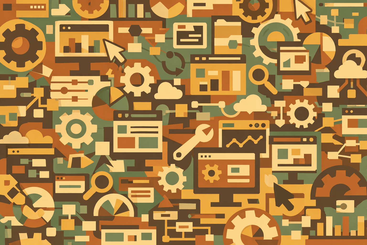 A vibrant, abstract collage of computer screens, gears, charts, and various analytical symbols in warm earth tones.