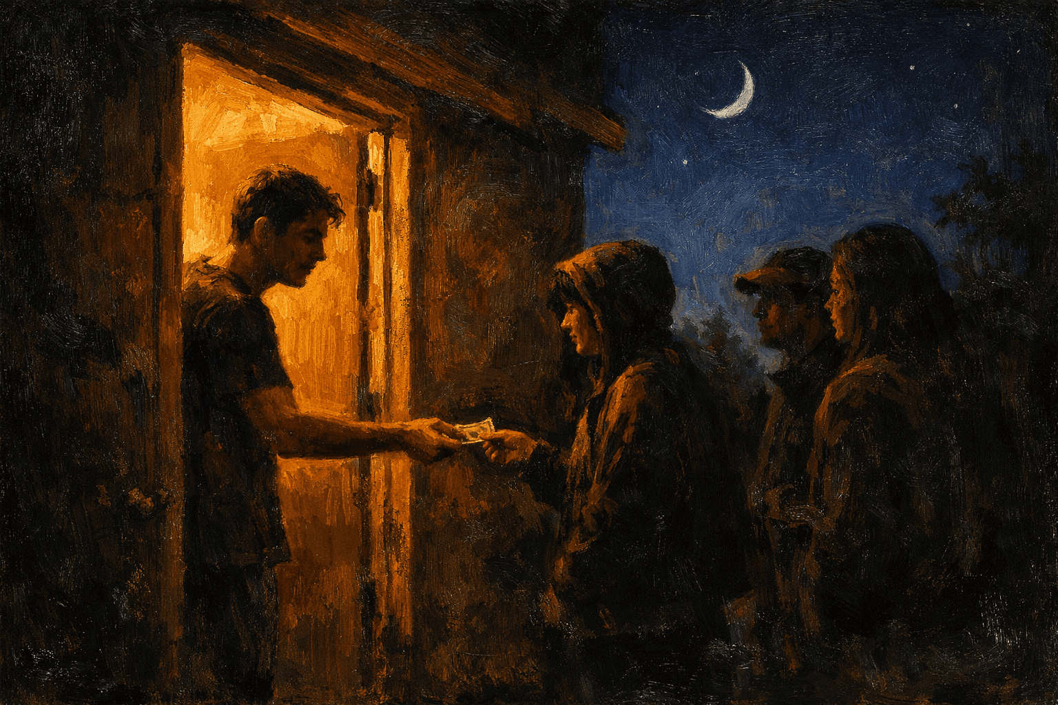A dark, textured painting depicting a man handing money to a hooded figure at an illuminated doorway, with two other figures standing nearby under a crescent moon.