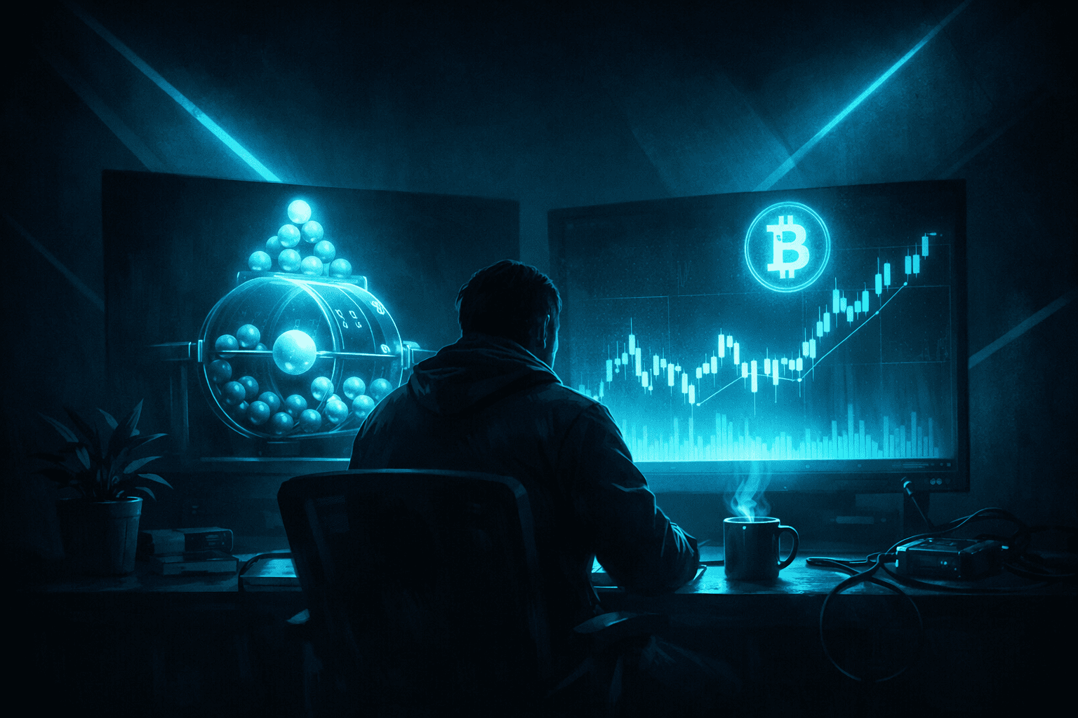 A person sitting at a desk with two monitors displaying cryptocurrency graphs and a safe, illuminated in blue tones.