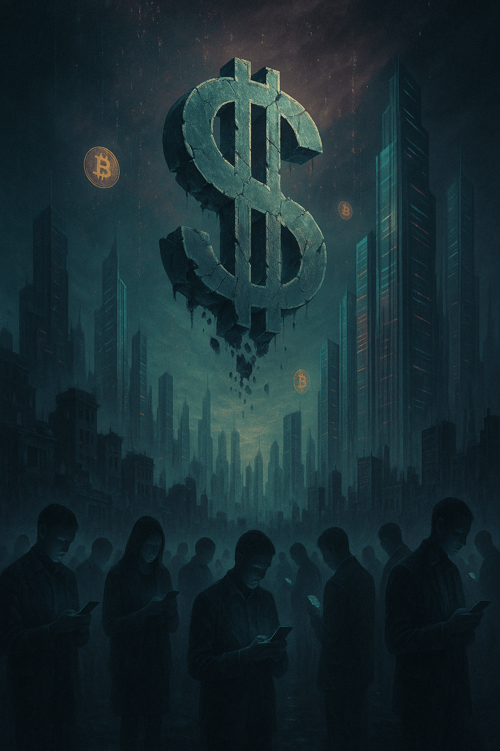 A dark, abstract digital artwork depicting shadowy figures in a dystopian cityscape, focused on their phones, with a large dollar sign and Bitcoin symbols hovering above.