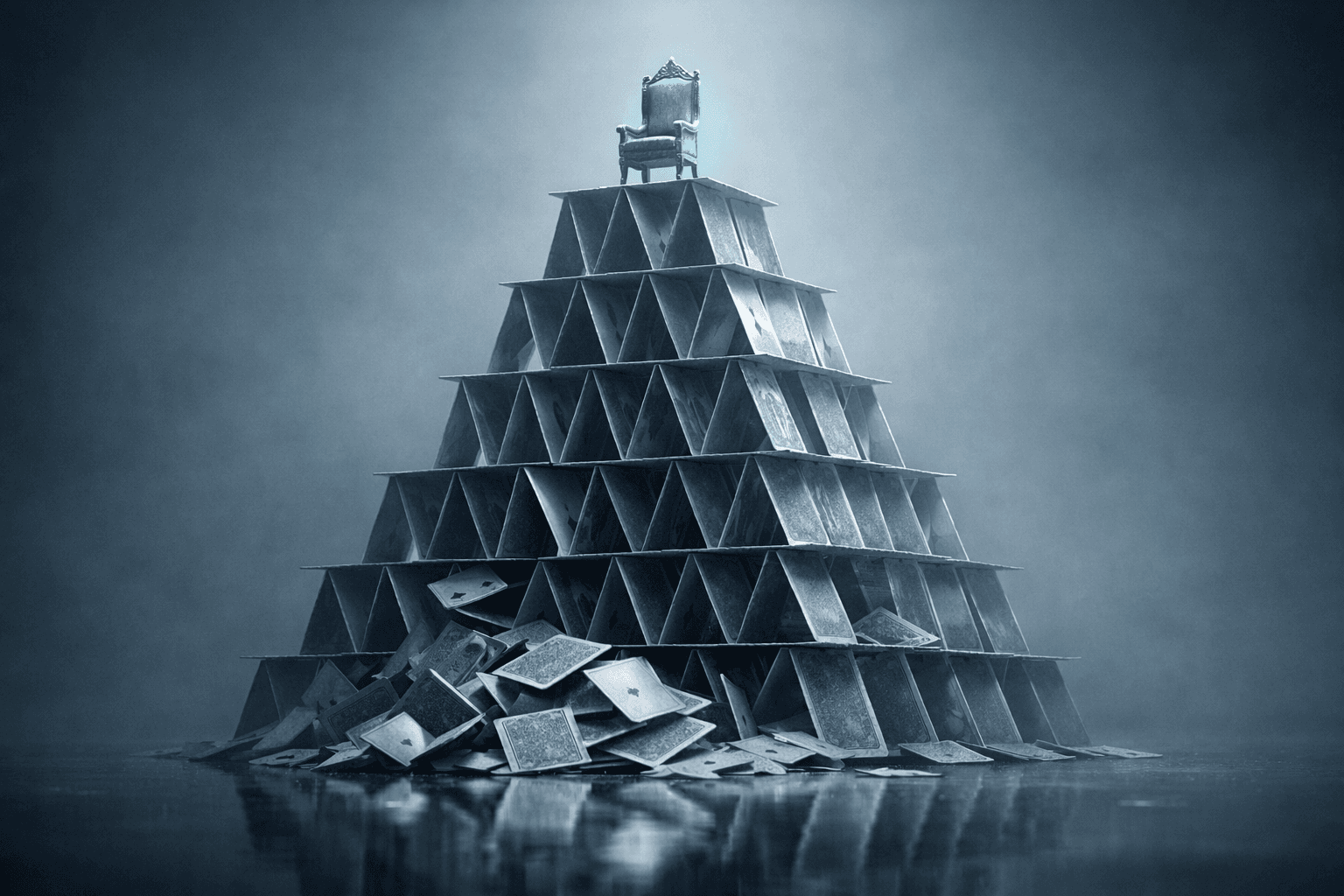 A pyramid of metallic playing cards with a blue throne positioned at the summit, set against a misty backdrop.