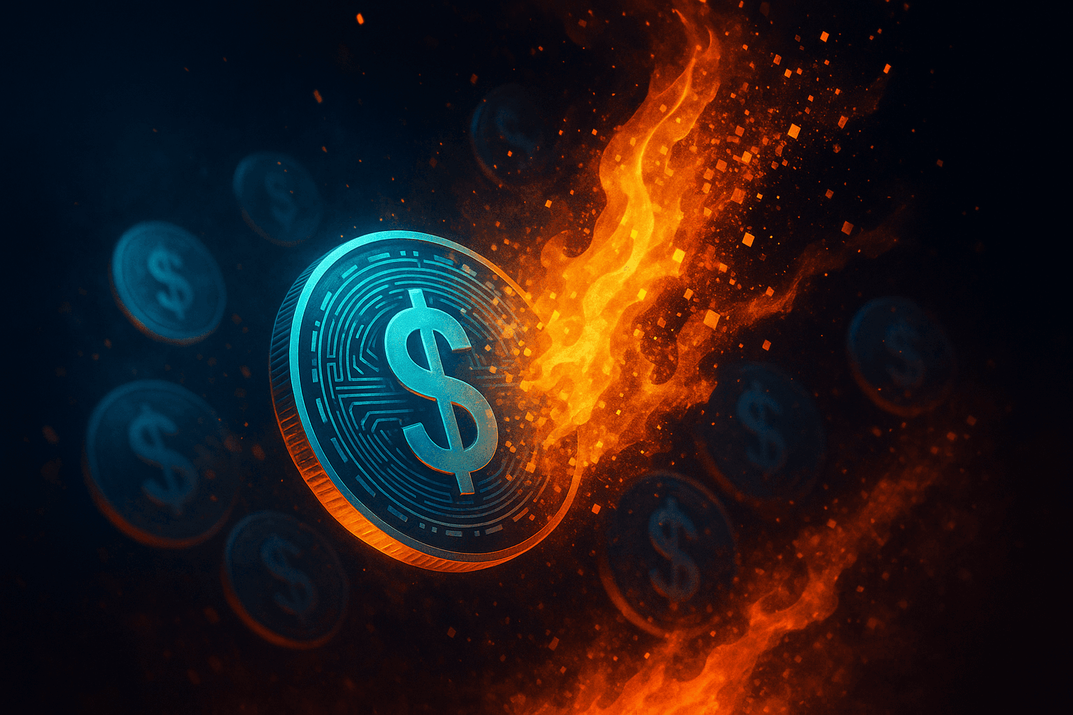Digital dollar tokens dissolving into abstract burning fragments, symbolising taxes reducing the money supply