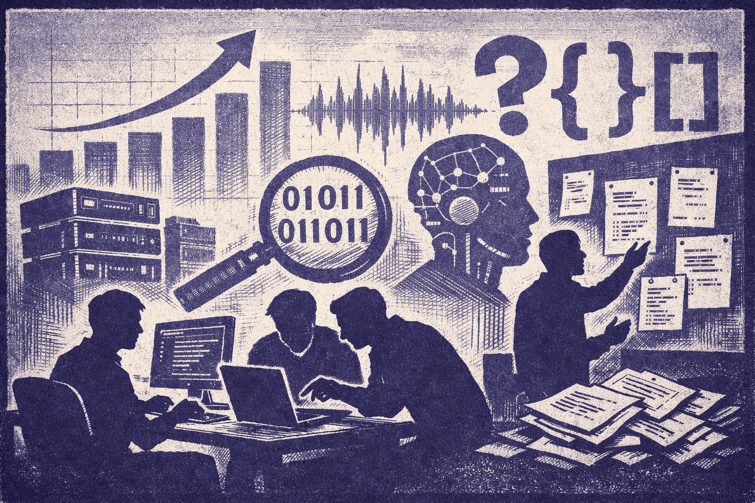 A digitally illustrated composition featuring people working with technology, data visualization elements, and programming symbols, highlighting themes of data analysis and collaboration.