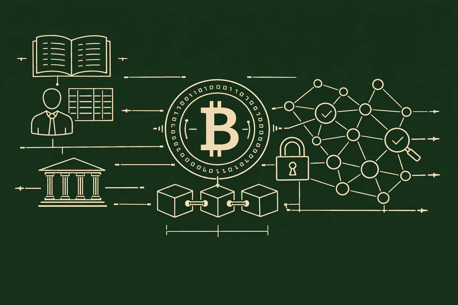 A dark green background features golden line illustrations representing concepts of blockchain, cryptocurrency, finance, and data security.