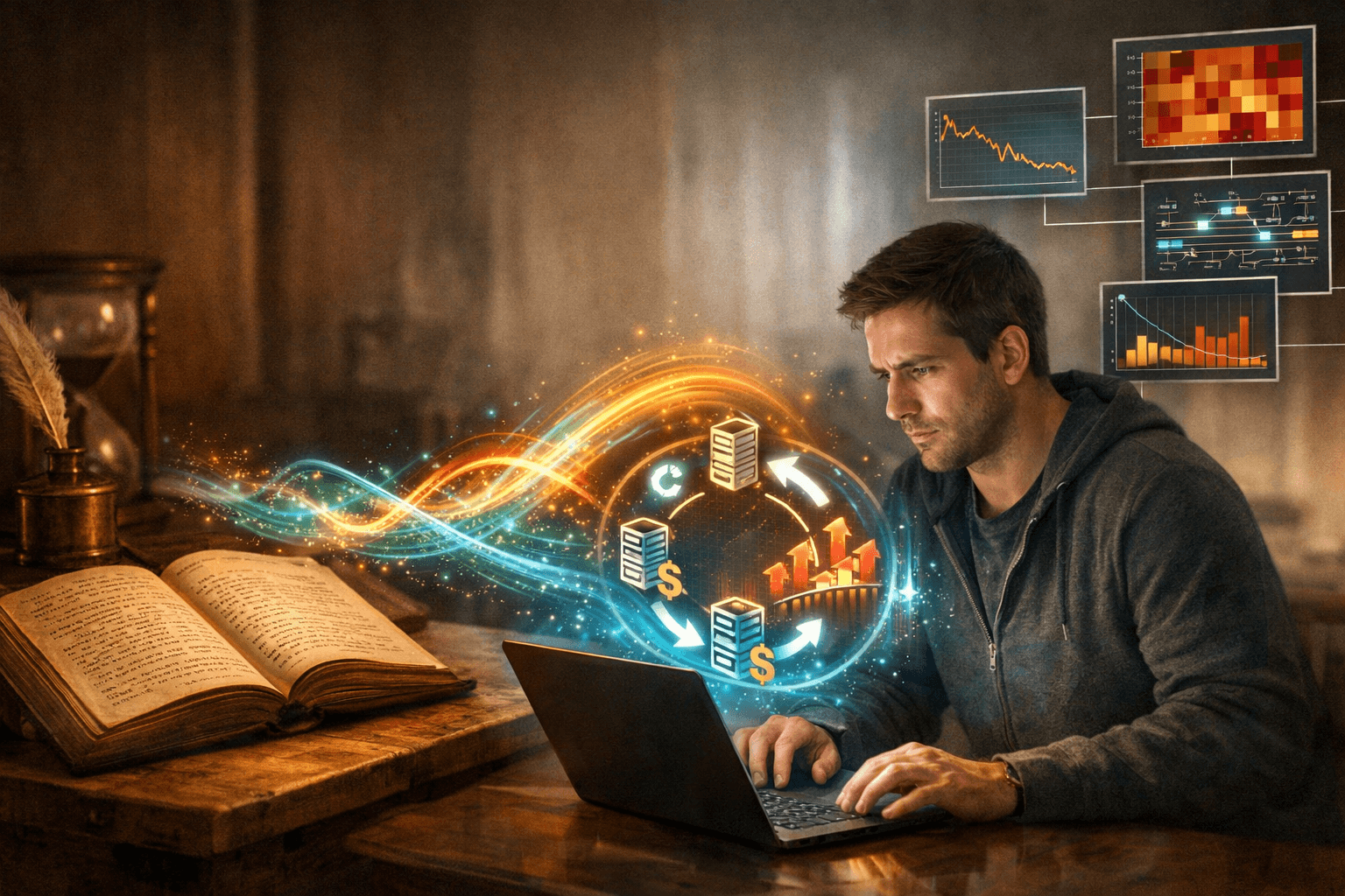 A man in a hoodie analyzes data on a laptop while colorful graphics representing data flow and charts emerge from the screen in a dimly lit room.