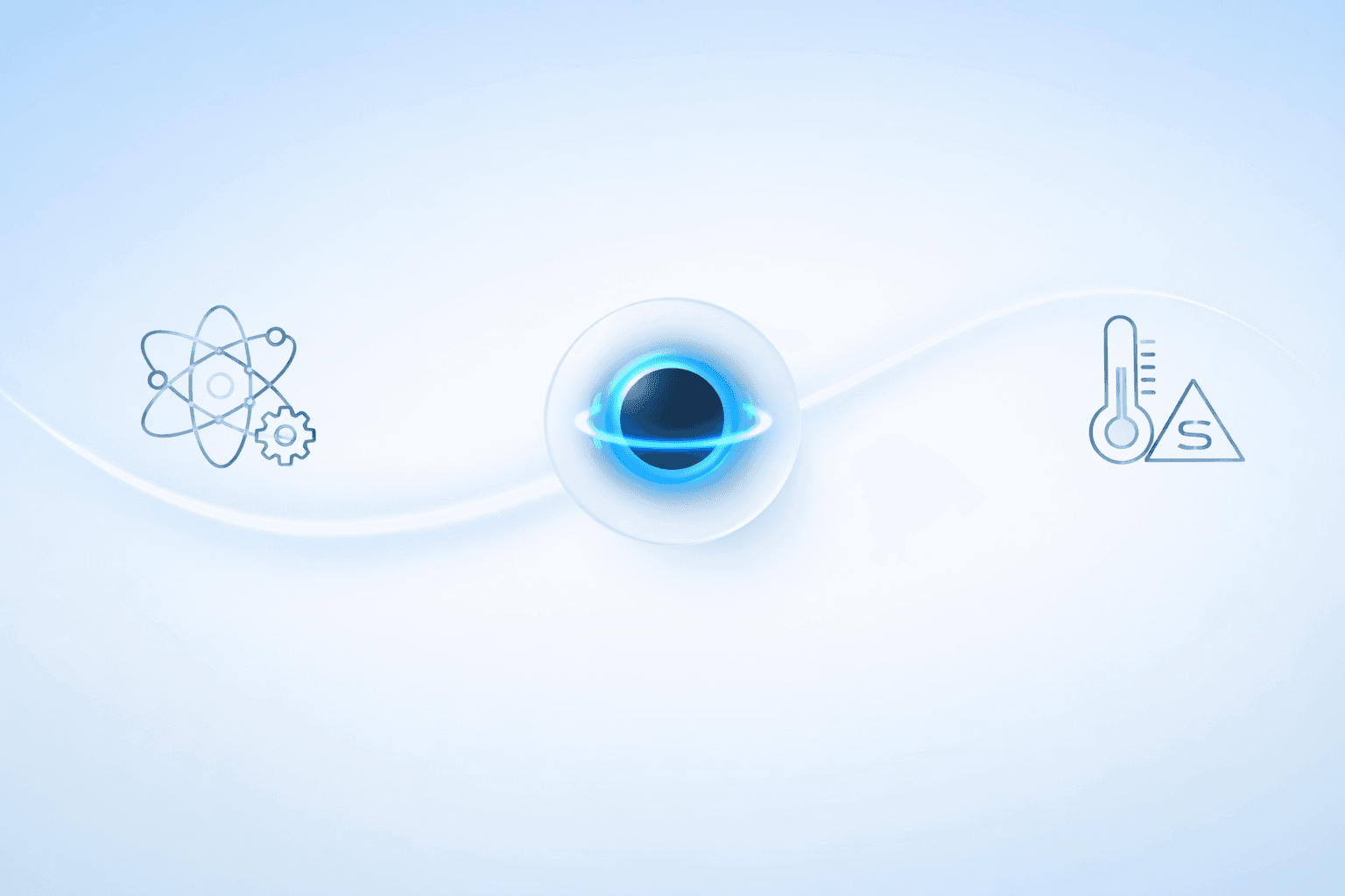 A central blue sphere surrounded by a glowing outline, flanked by line drawings representing an atom, a gear, and a thermometer on a light blue background.