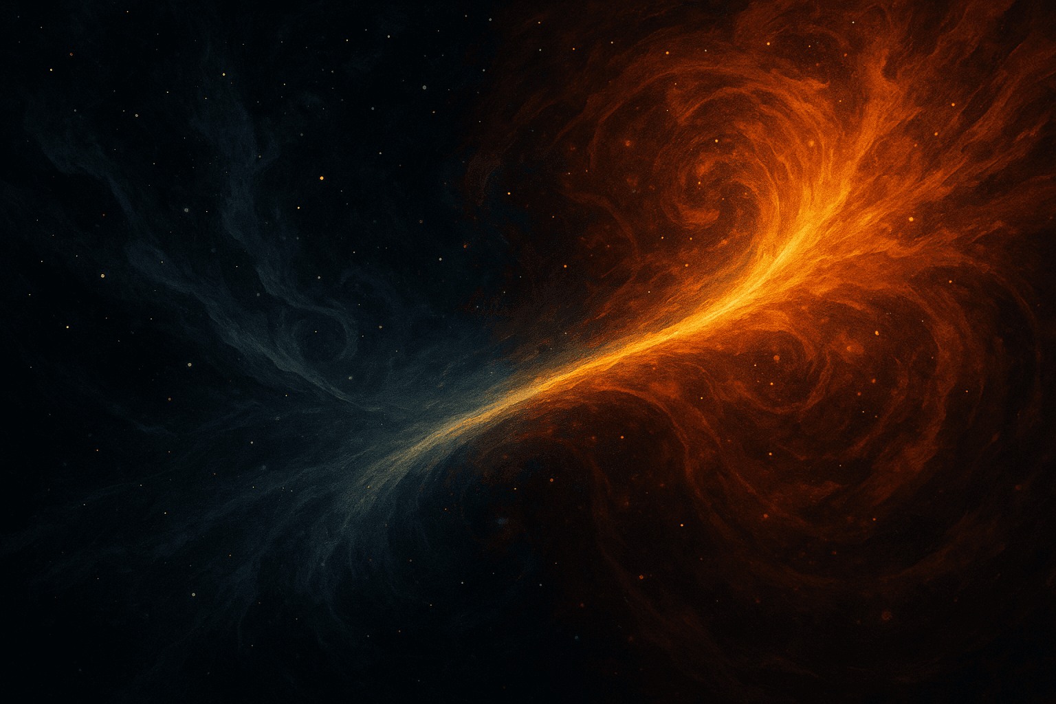 Abstract digital artwork depicting swirling blue and orange gas formations against a starry black background.