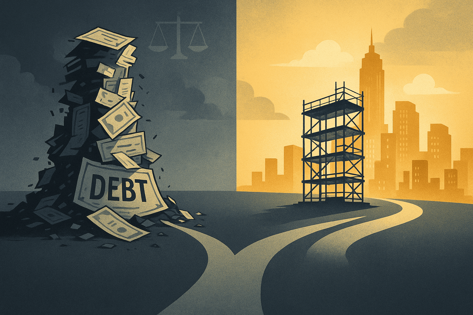 A split illustration shows a pile of money labeled "DEBT" on one side and a cityscape under construction on the other, with contrasting dark and light color schemes.