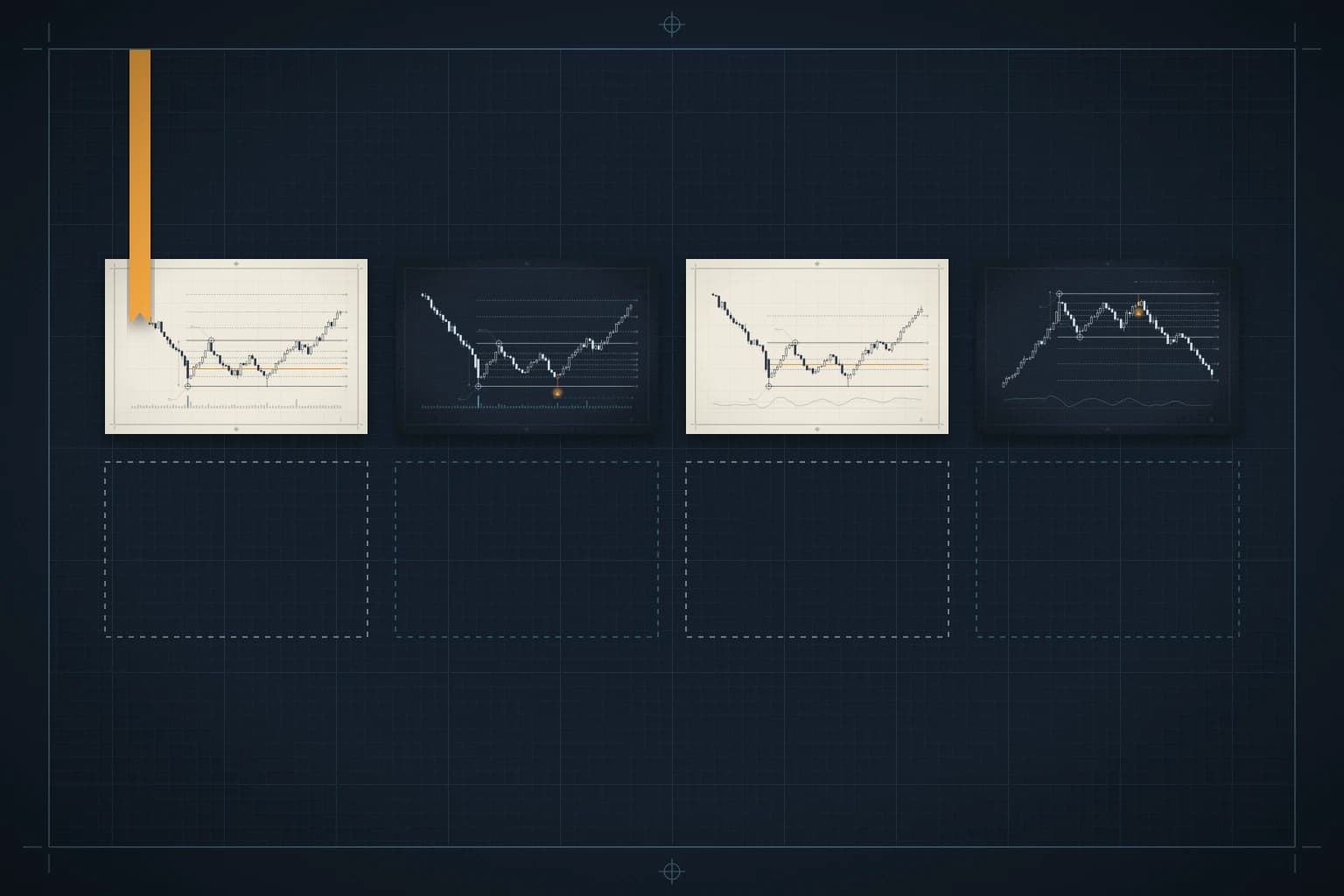 Four financial charts with varying line graphs displayed on a dark blue grid background, featuring an orange highlight on the first chart.