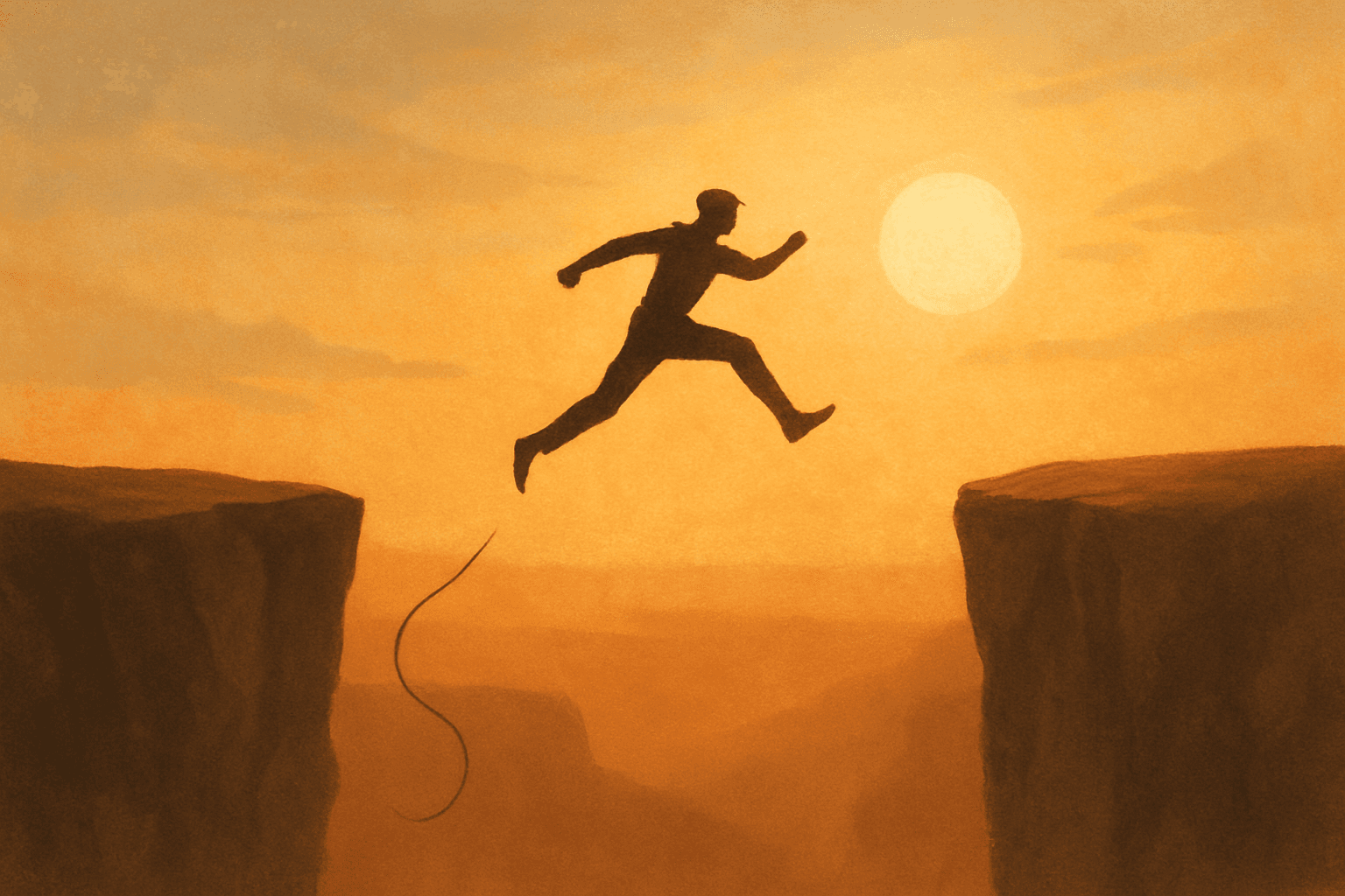 Abstract illustration of a figure leaping across a chasm without a safety rope