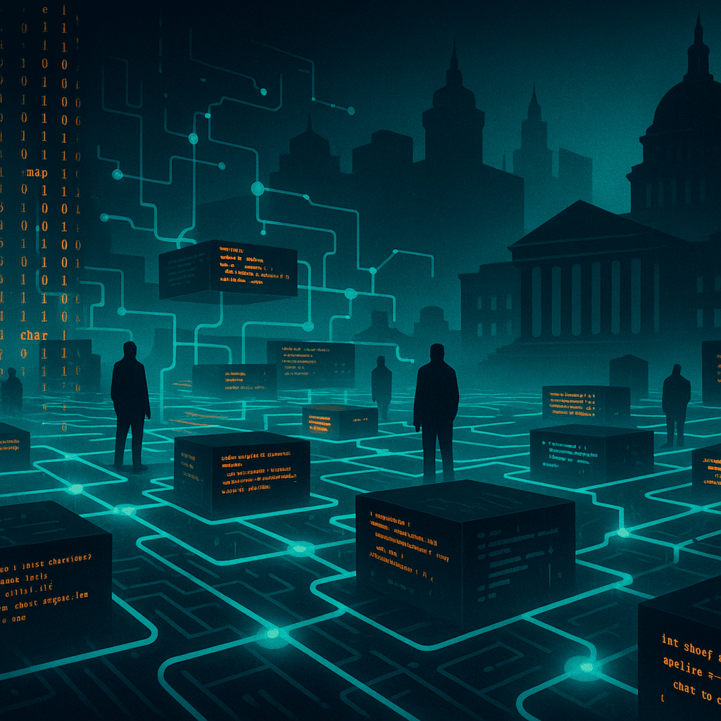 Abstract illustration of code, networks, and hidden power structures
