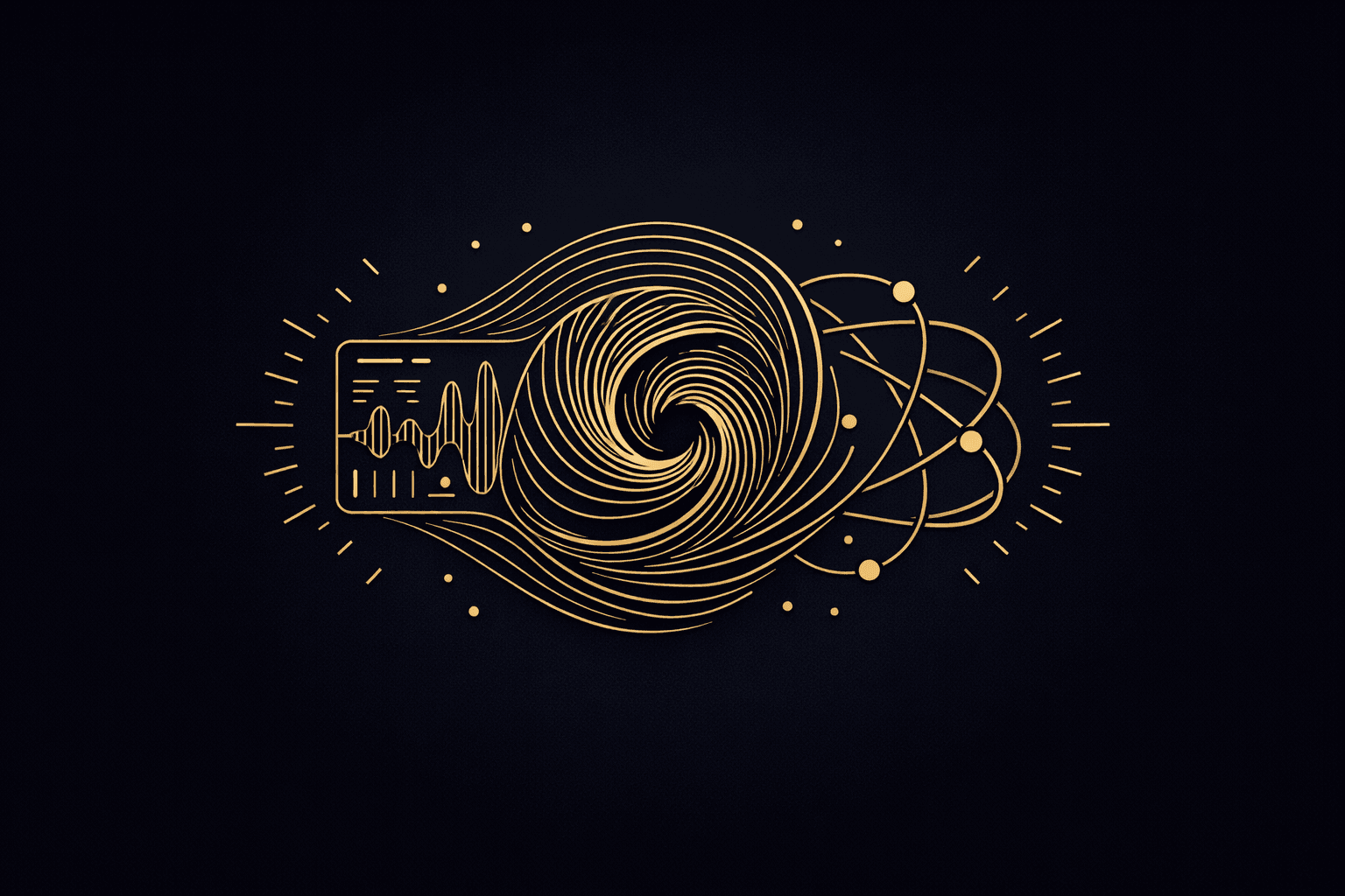 A gold line art design featuring a swirling vortex, sound waves, and atomic symbols against a dark background.