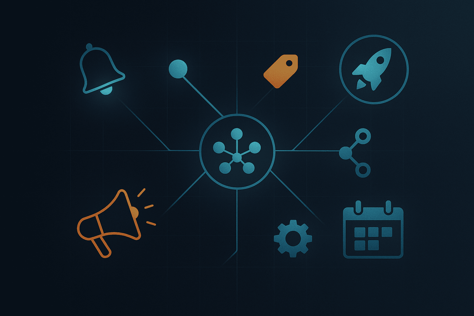 Central hub with connected icons—bell, tag, rocket, share nodes, calendar, gear, and megaphone—representing automation and multi-channel distribution.