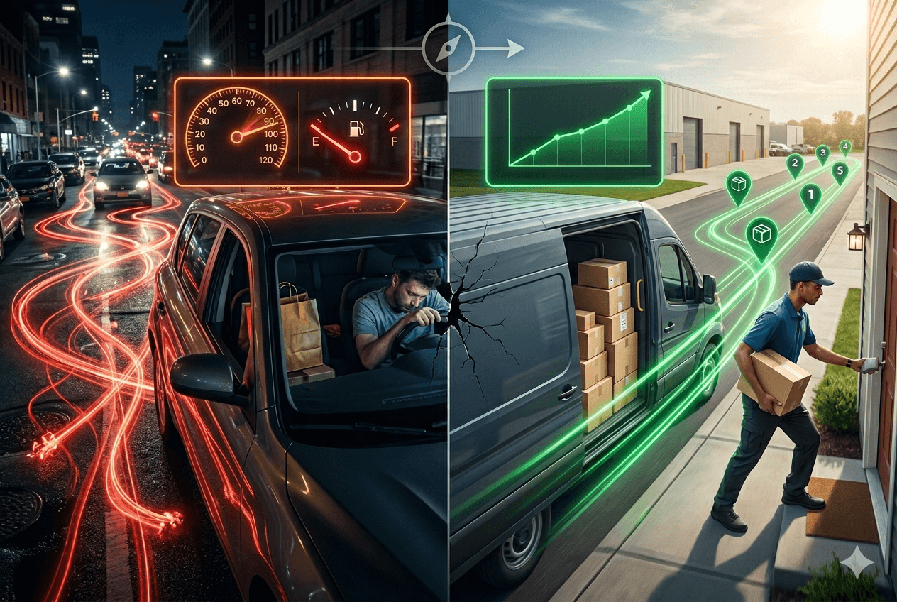 Split composition contrasting two delivery realities: on the left, a fatigued food delivery driver navigating chaotic city streets at night, red neon light trails mapping an erratic winding route behind him, dashboard showing a near-empty fuel gauge; on the right, a logistics driver confidently delivering a parcel to a suburban front door, clean green neon lines tracing an efficient route, stacked boxes filling a van, an upward-trending green chart visible overhead