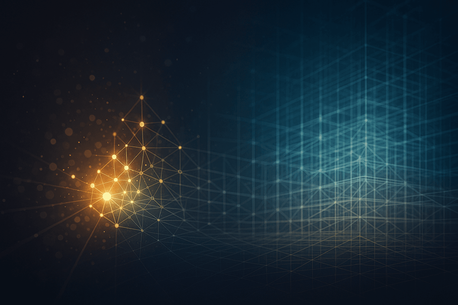 Abstract neural network—signals stabilizing from a bright, narrow focus into a wider lattice, evoking working memory consolidating into long-term traces.