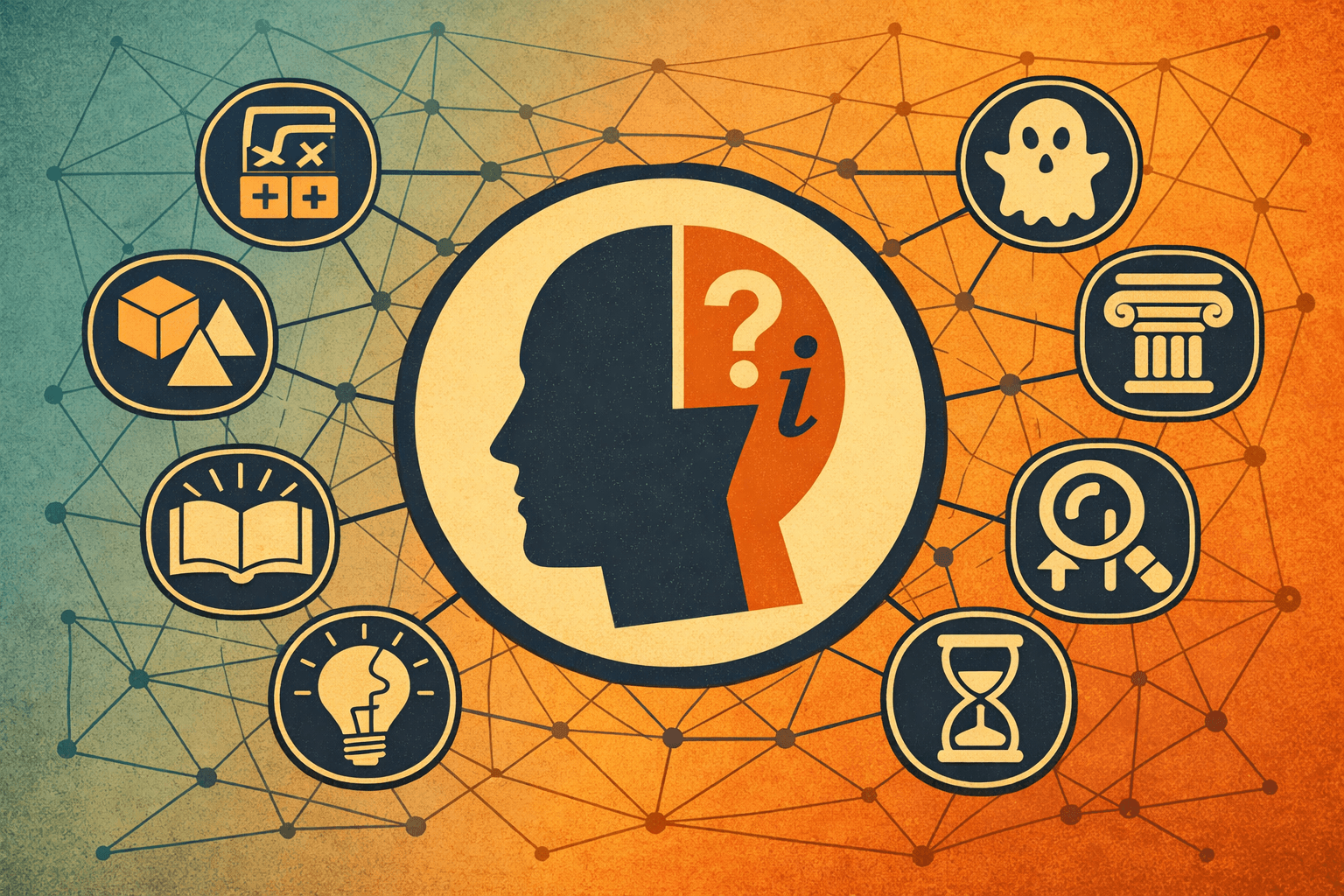 A graphic illustration featuring a silhouetted head with a question mark inside, surrounded by icons representing knowledge, learning, and inquiry against a textured orange and blue background.