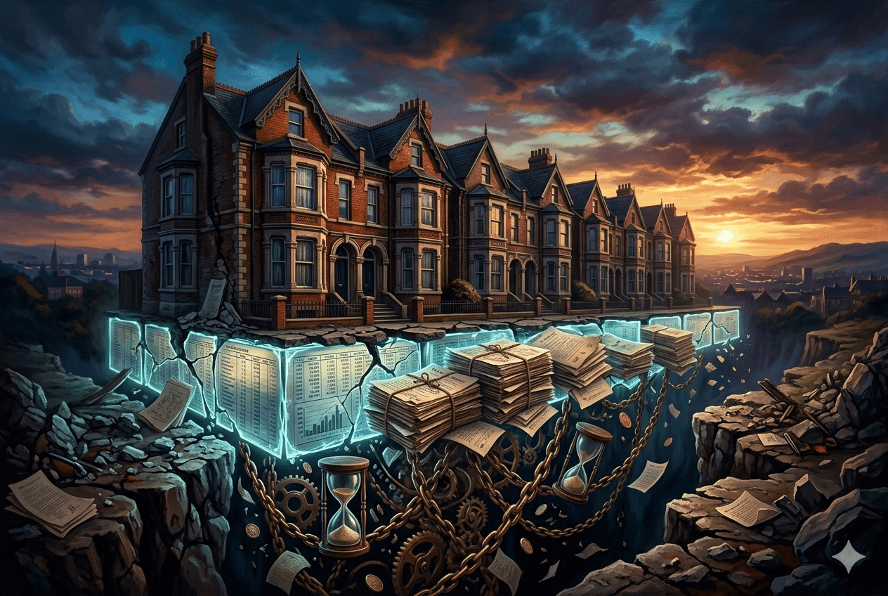 A row of Victorian terraced houses standing over a cracked and fractured ground, propped up by glowing debt ledgers and stacks of bundled documents, with chains, gears, and hourglasses suspended in the abyss below, beneath a dramatic twilight sky