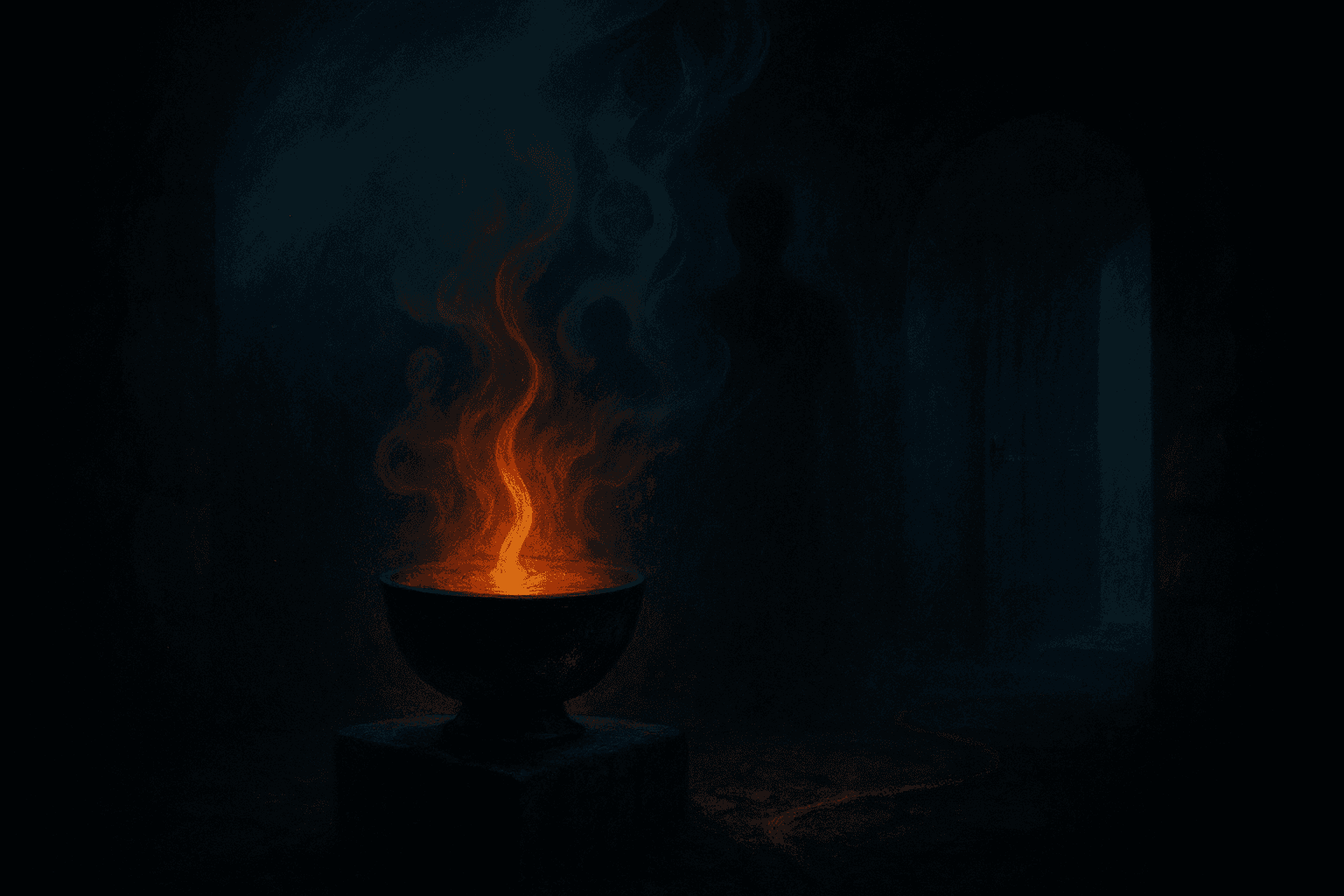 Contained flame inside a dark crucible—an image of descent, pressure, and integration in a Jungian frame.