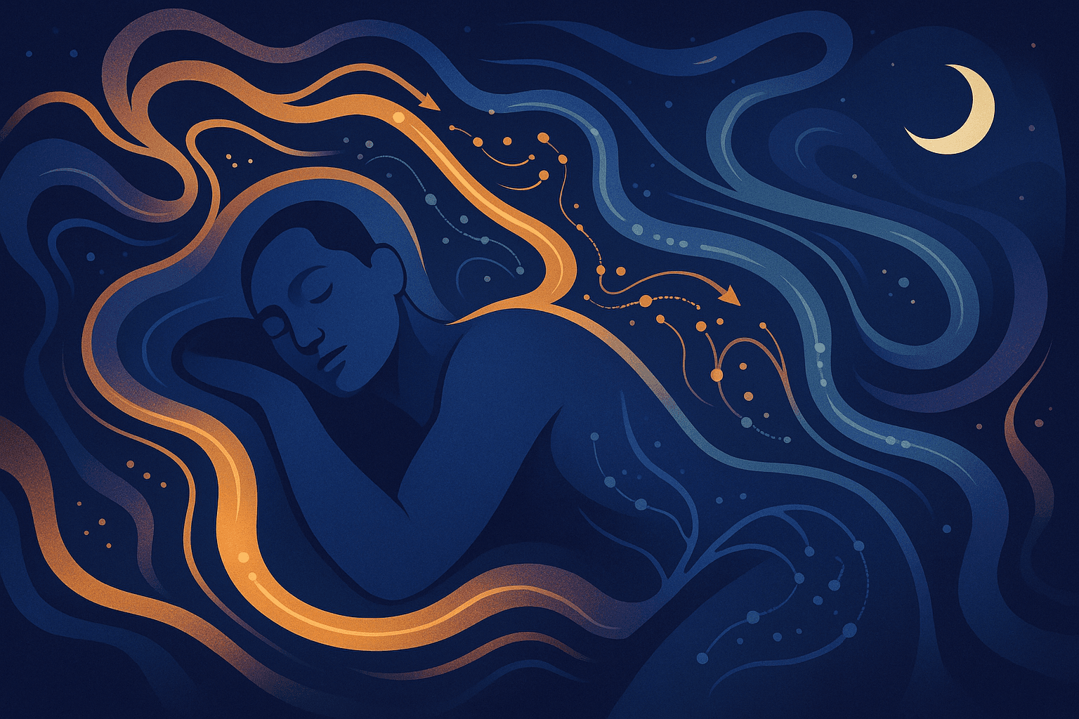 Abstract illustration of a resting human figure surrounded by flowing metabolic pathways and gentle night tones