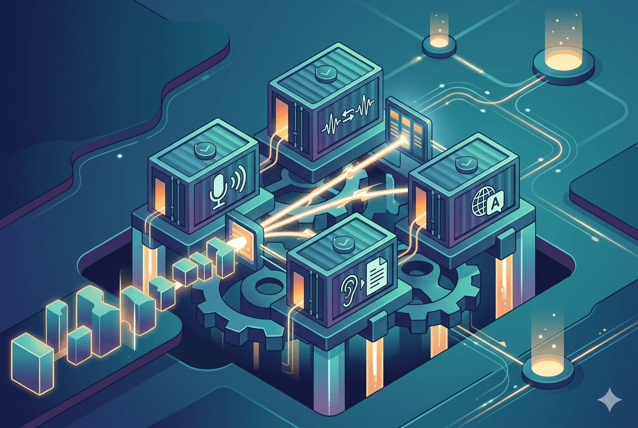 Four containerised worker services — synthesis, alignment, transcription, and translation — connected by glowing data flows on an isometric platform of interlocking gears.