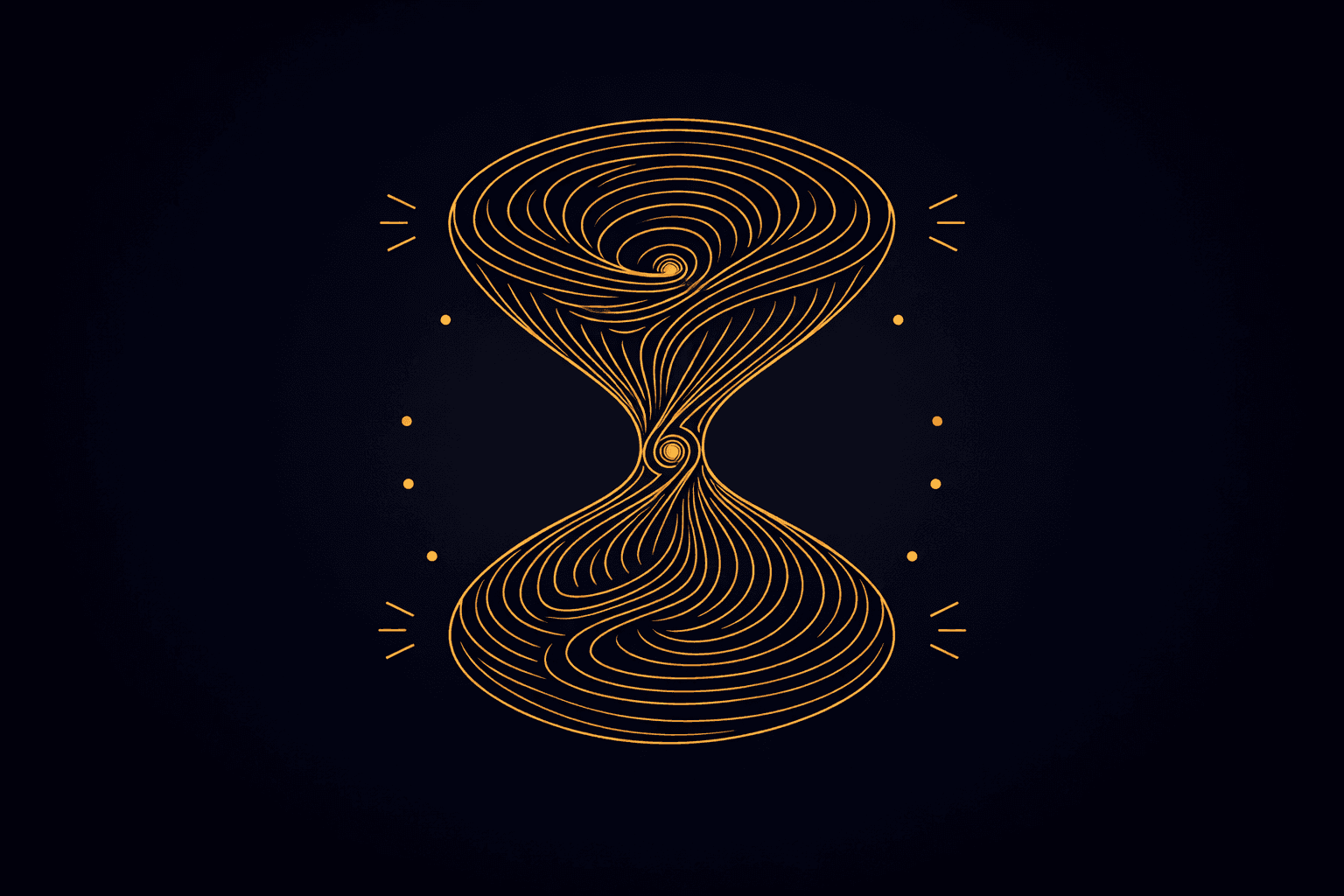 A minimalist design featuring an hourglass shape created from swirling golden lines against a dark background.