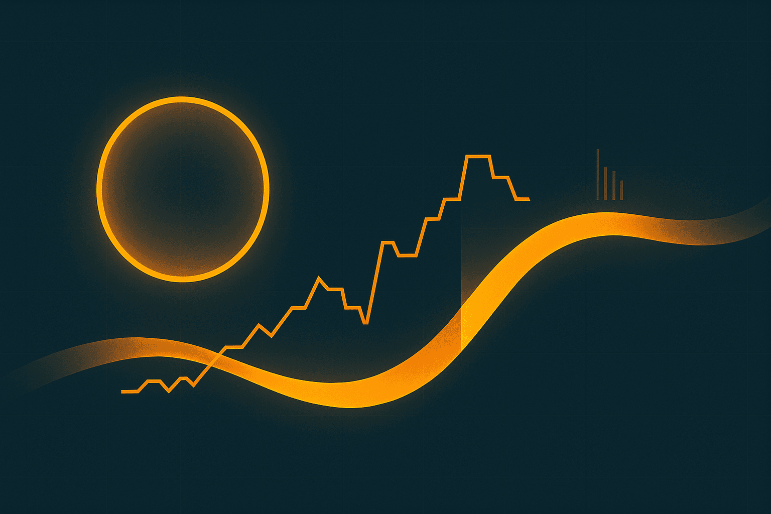Abstract dark-teal market graphic with a glowing orange ring, a stepped price line, and a sweeping ribbon—evoking flow, liquidity, and weekend gaps.