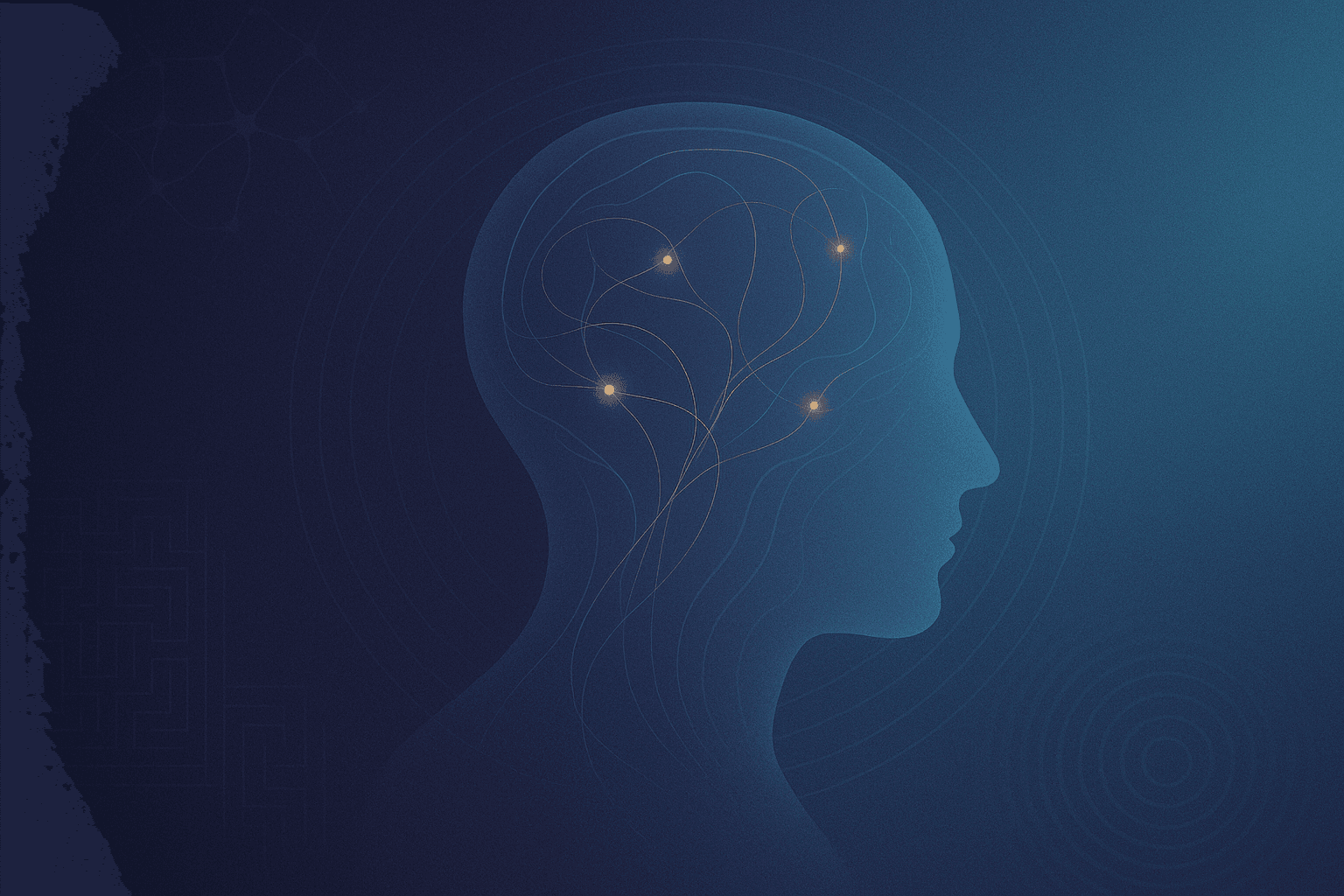 Blue silhouette of a human head with glowing neural nodes and flowing lines, symbolising thought, cognition, and neural connections.