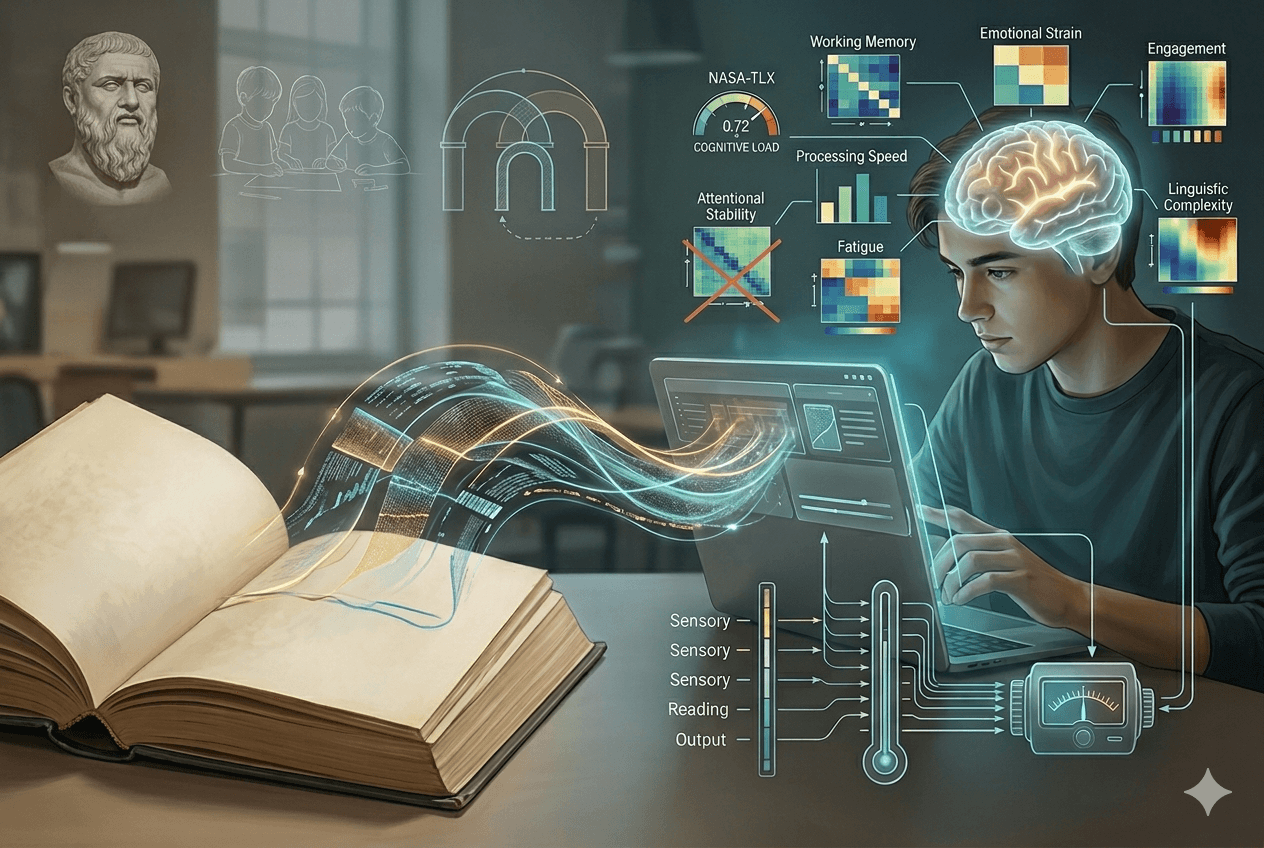 "An open book with data streams flowing toward a student at a laptop, surrounded by a glowing brain diagram mapping cognitive load dimensions — working memory, emotional strain, engagement, fatigue, linguistic complexity, processing speed, and attentional stability — alongside a NASA-TLX scalar gauge and a thermometer-thermostat metaphor, with a classical philosopher's bust and archway in the background"