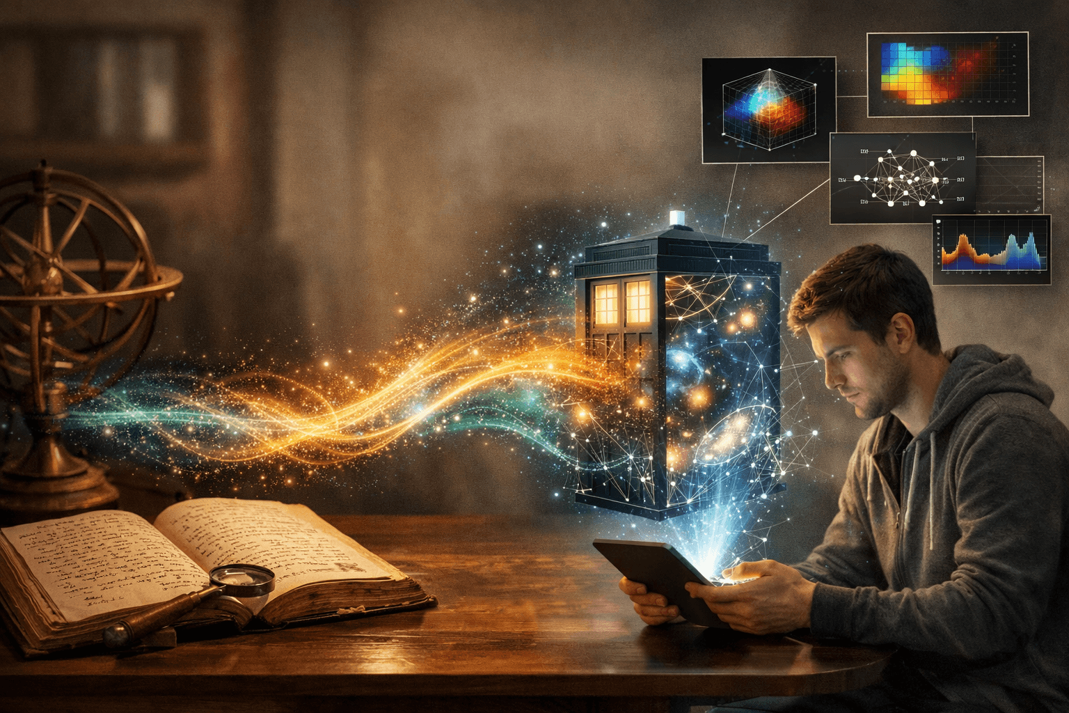 A man using a tablet is seated at a wooden table with an open book, while a glowing blue police box emits swirling colorful energy and scientific visualizations in a dimly lit room.