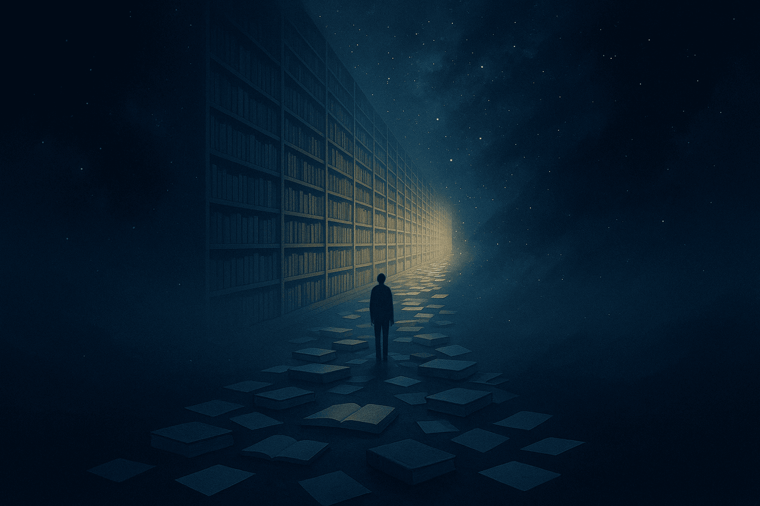 Abstract illustration of an endless library representing the pursuit of knowledge