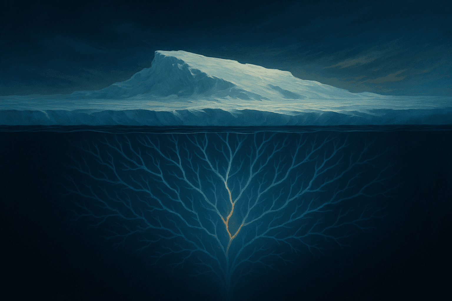 Illustration of polar ice caps with branching possibilities beneath the surface