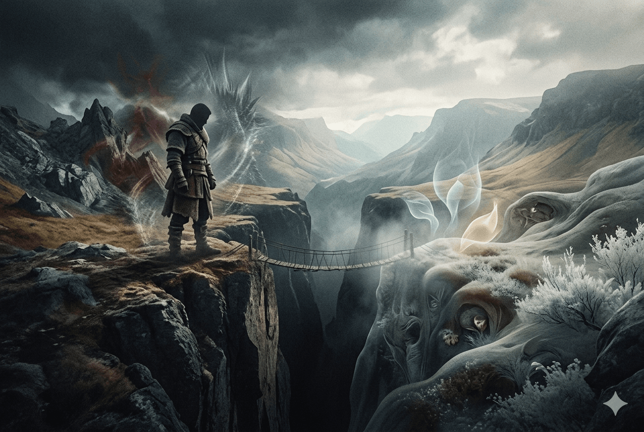 A lone armoured figure stands at the edge of a cliff before a rope bridge, facing a turbulent storm with a dark ethereal creature on one side, while luminous translucent forms drift peacefully over surreal organic terrain on the other