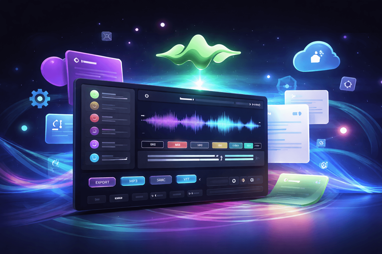 A futuristic audio waveform dashboard with floating interface elements and a glowing green waveform emblem, suggesting scalable voice synthesis and subtitle alignment.