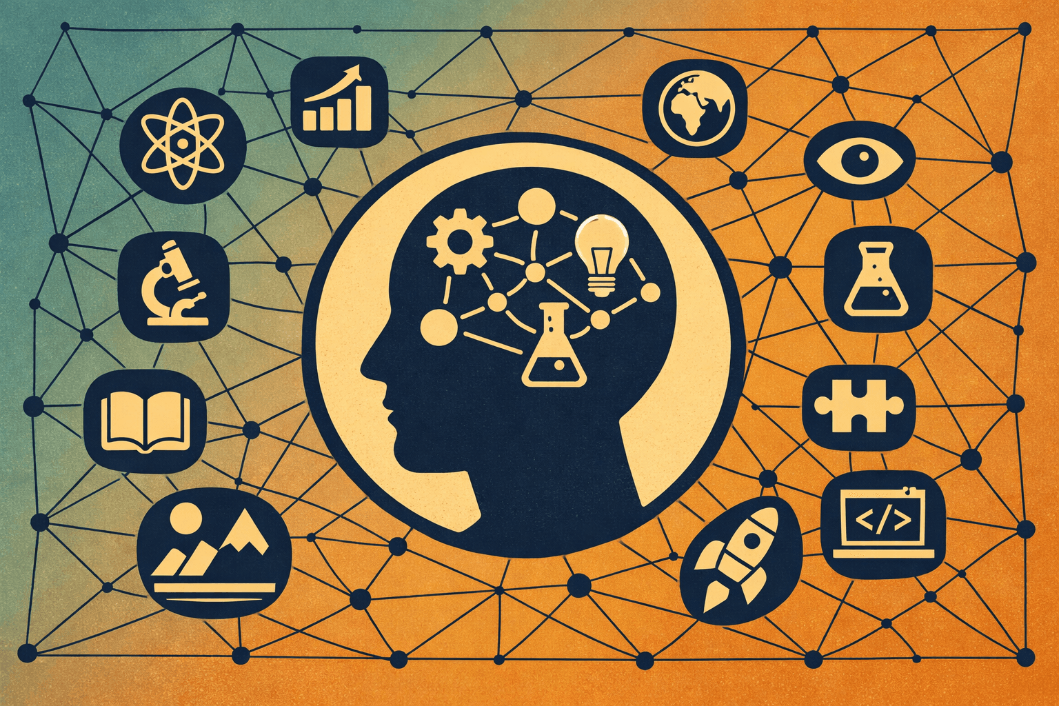 A silhouette of a human head filled with interconnected icons representing various scientific concepts and fields, set against a gradient orange background.