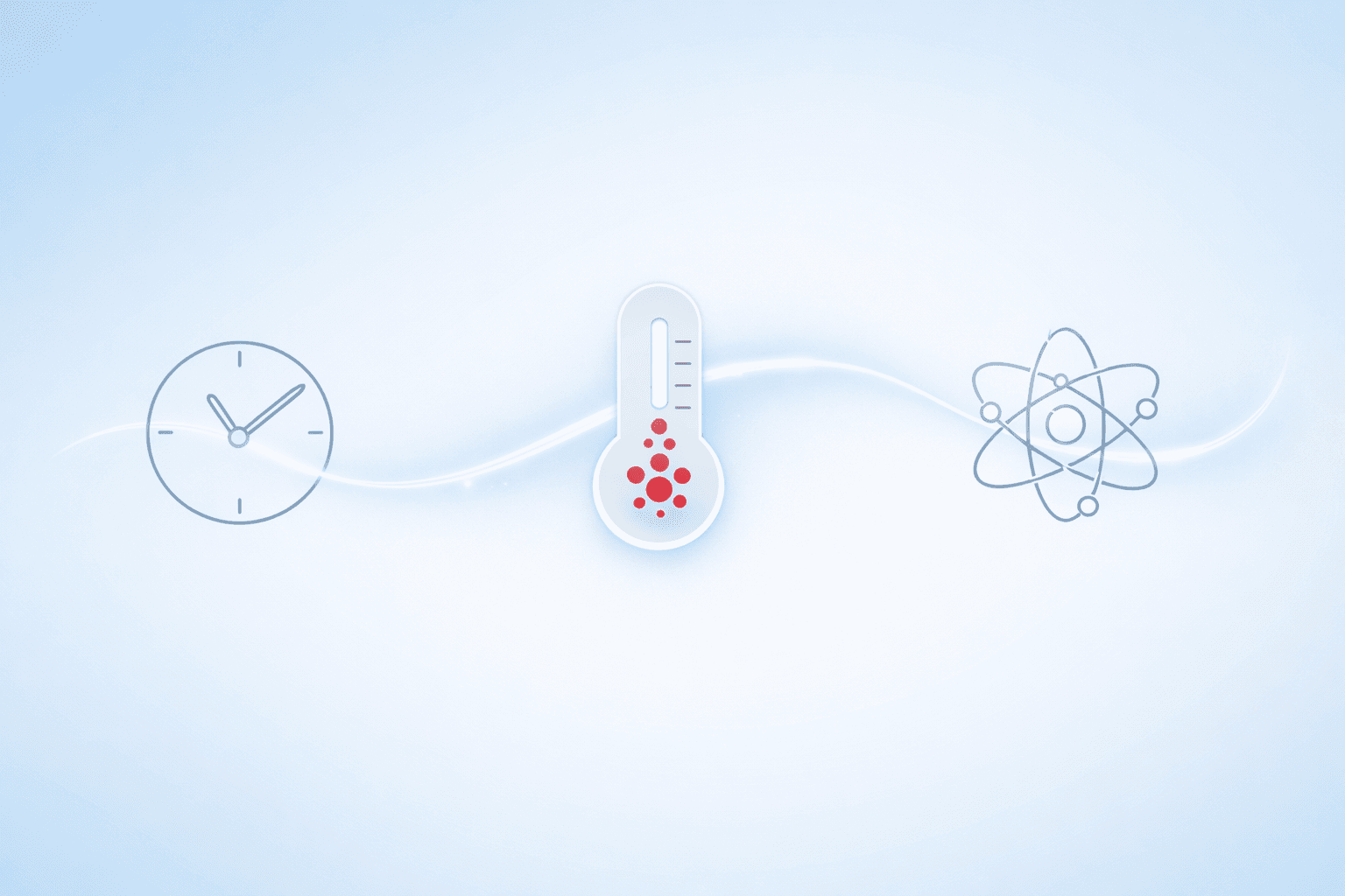 An illustration featuring a thermometer flanked by a clock and an atom, set against a light blue background.
