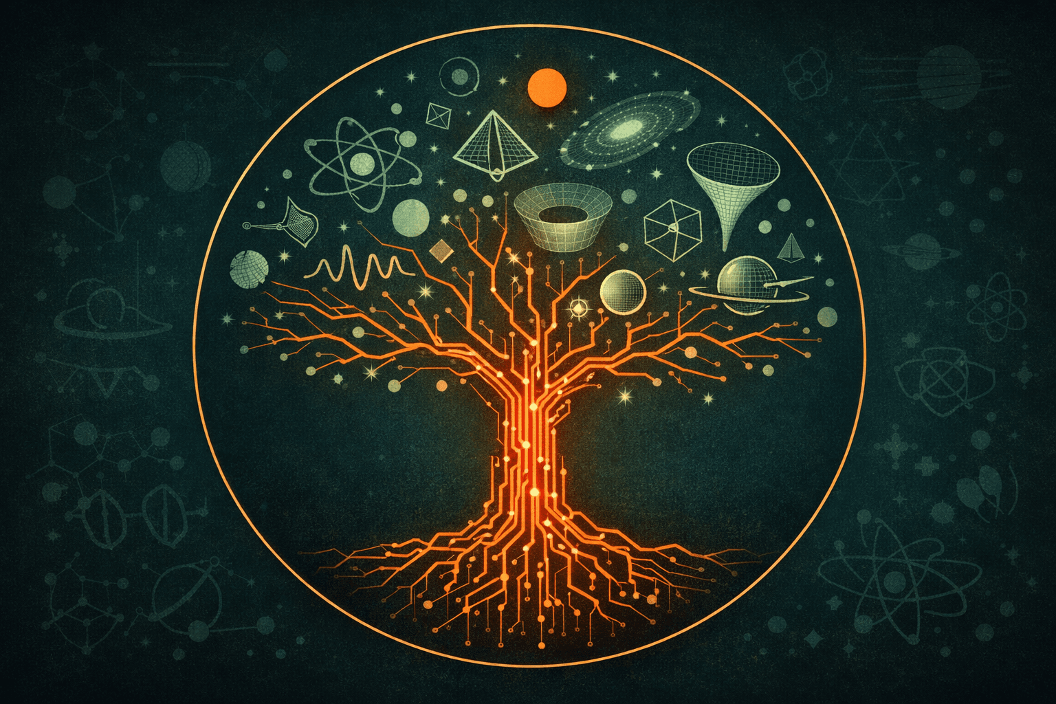 A stylized tree with branches resembling electrical circuitry, surrounded by cosmic and scientific symbols, set against a dark background.