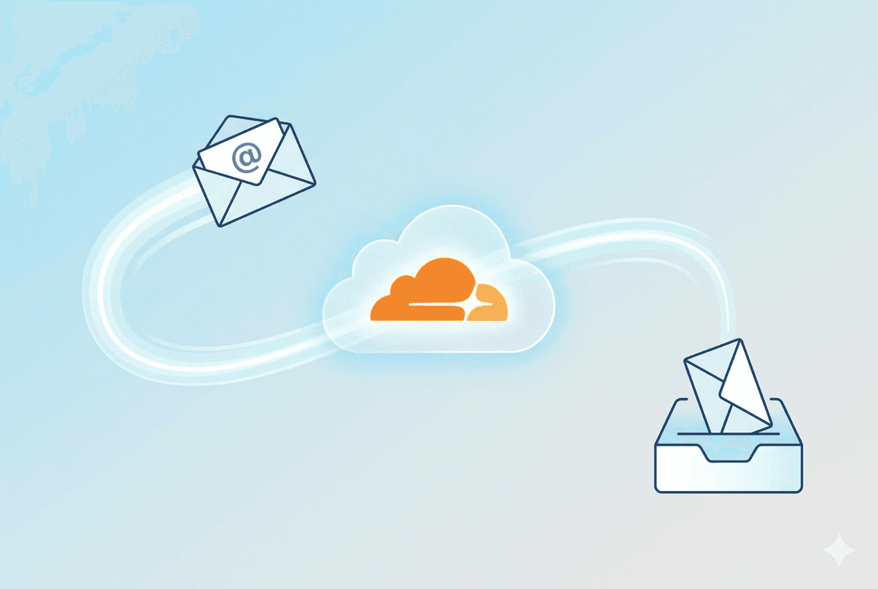 Minimalist illustration of an envelope with a custom domain address being routed through a glowing Cloudflare logo toward a clean inbox.