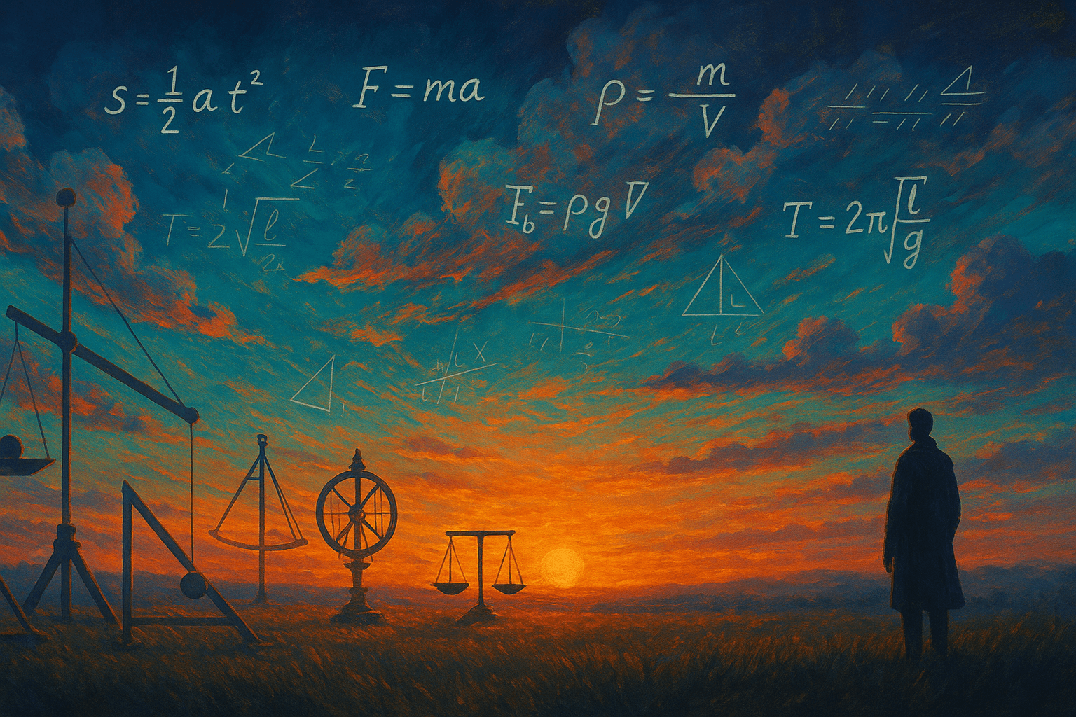 Dawn landscape with a teal-orange sky where equations drift across the clouds above a field of scientific contraptions—lever, astrolabe, balance, wheel—while a lone figure watches from afar