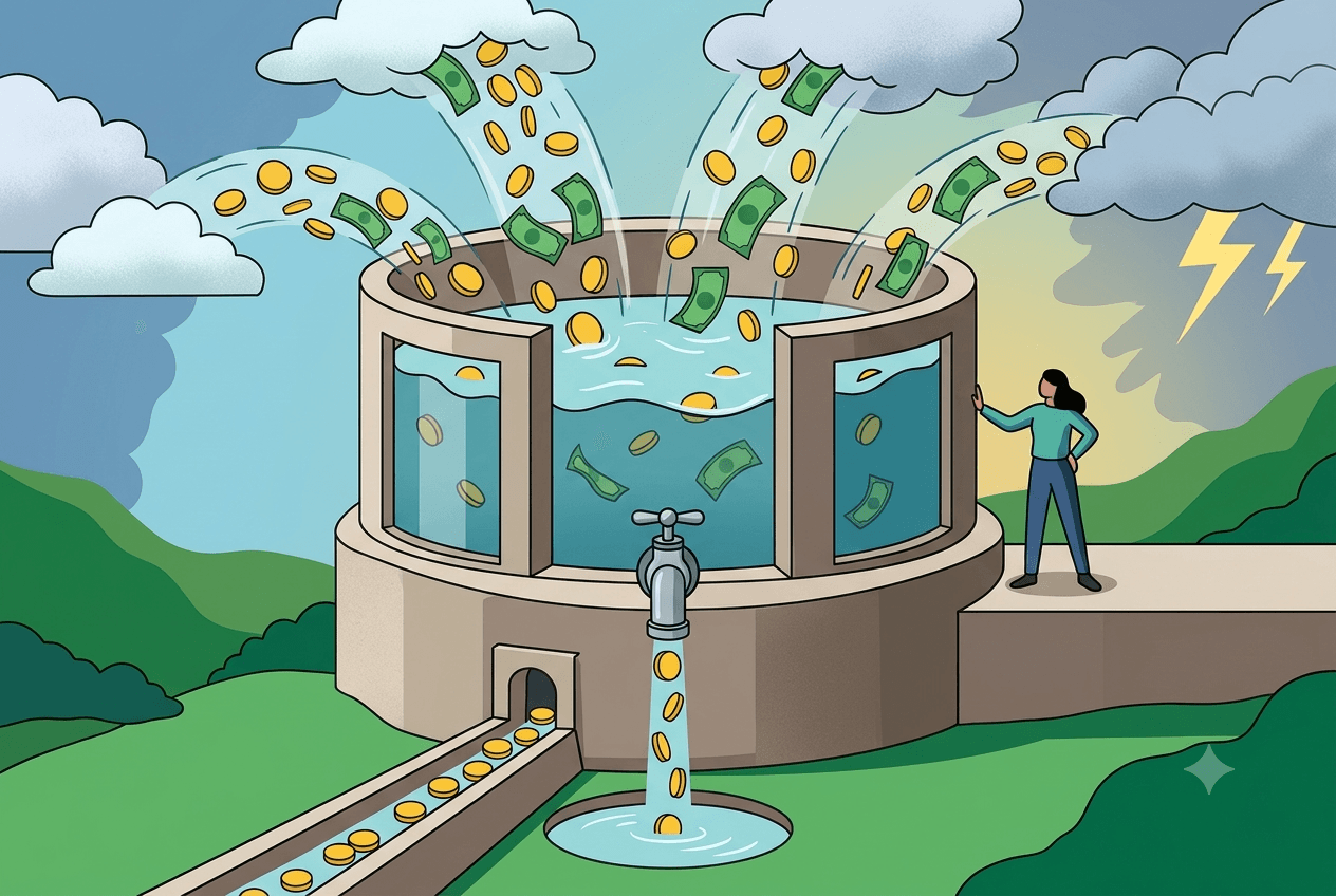 A reservoir tank filled with water and coins, receiving streams of money and coins falling from clouds — some stormy, some clear — while a steady flow drains from a tap at the base. A figure stands beside the tank, observing. The image illustrates the variable income, fixed outflow principle: irregular inputs managed through a controlled, stable reservoir.